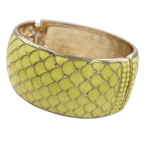 Bright Yellow Fish Scale Wide Chunky Enamel Hinged Gold Bangle Bracelet